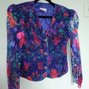 Maximalist Floral Jacket w/Sheer Puff Sleeves, M